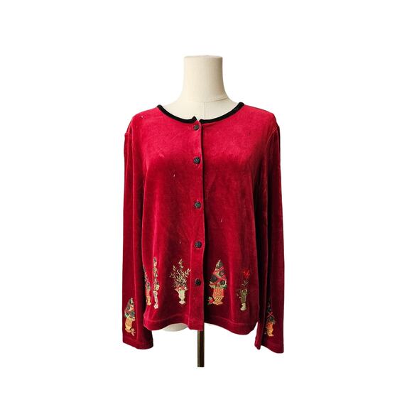 Vintage Susan Bristol Red Embroidery Christmas Tree Topiary Cardigan Size Medium - Picture 1 of 8